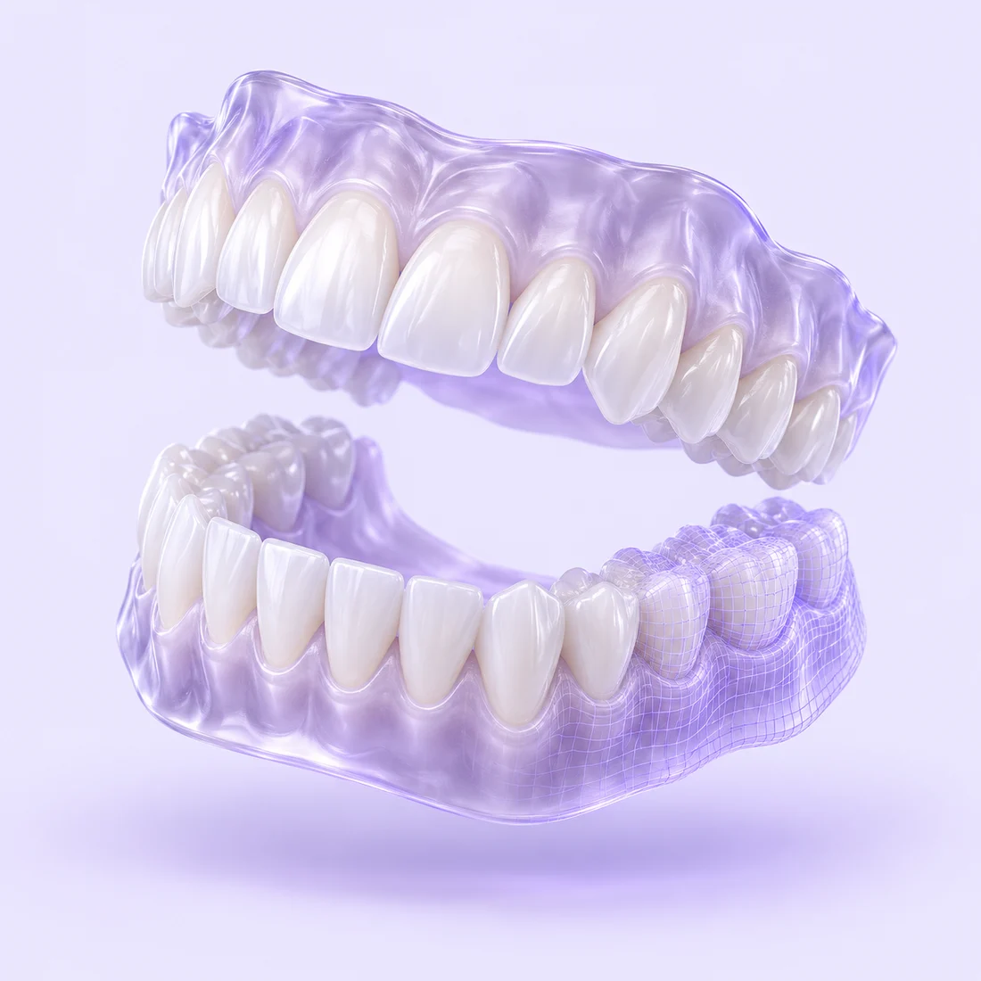 Conceptual digital dental model with pearl-white teeth and translucent violet arches
